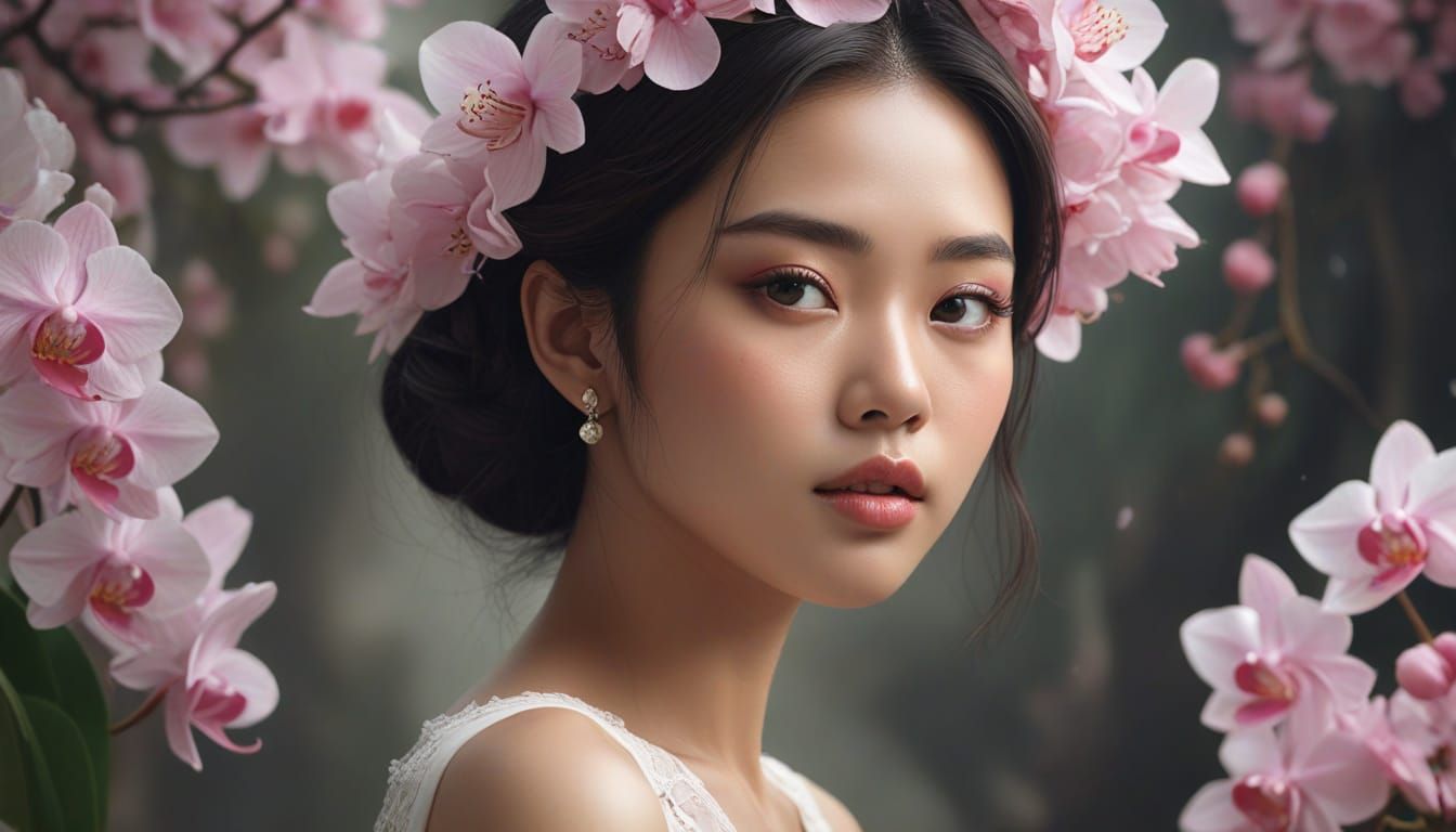 Ethereal Asian Girl in Floral Crown, High Fashion Style