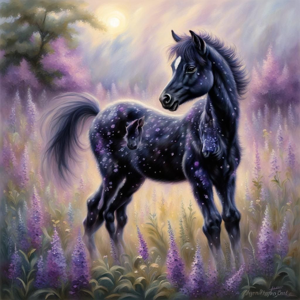 Newborn Black Foal in Meadow, Pastel Colors