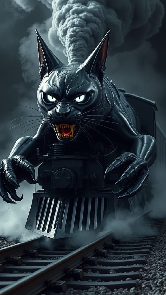 Cyberpunk Black Cat Demon Train Gallops Forward in Fury