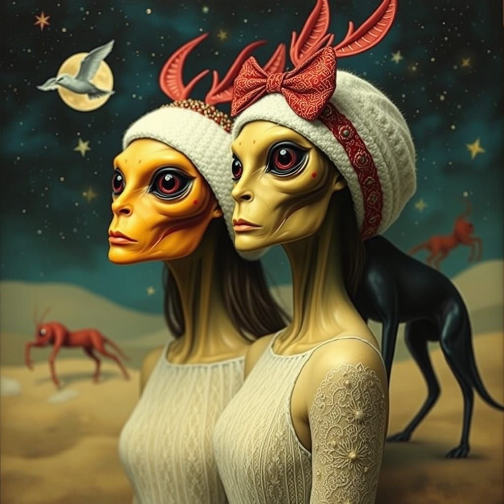 Surreal Christmas Card Depicting Exotic Aliens in a Dramatic...