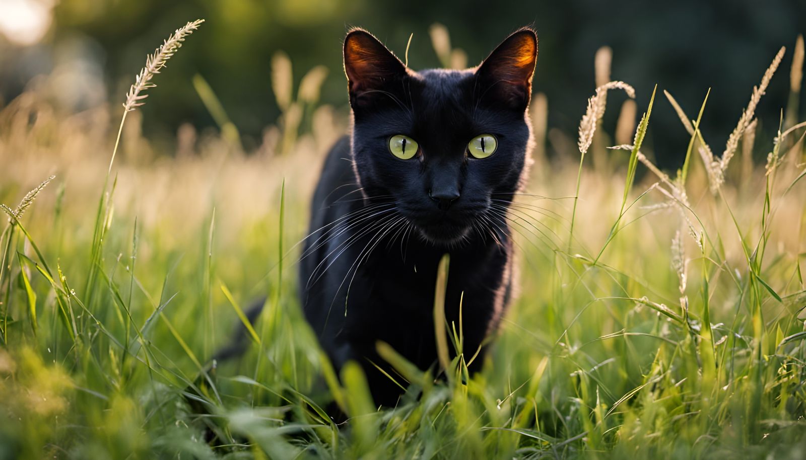 Black Cat Frolicking in Grassy Field