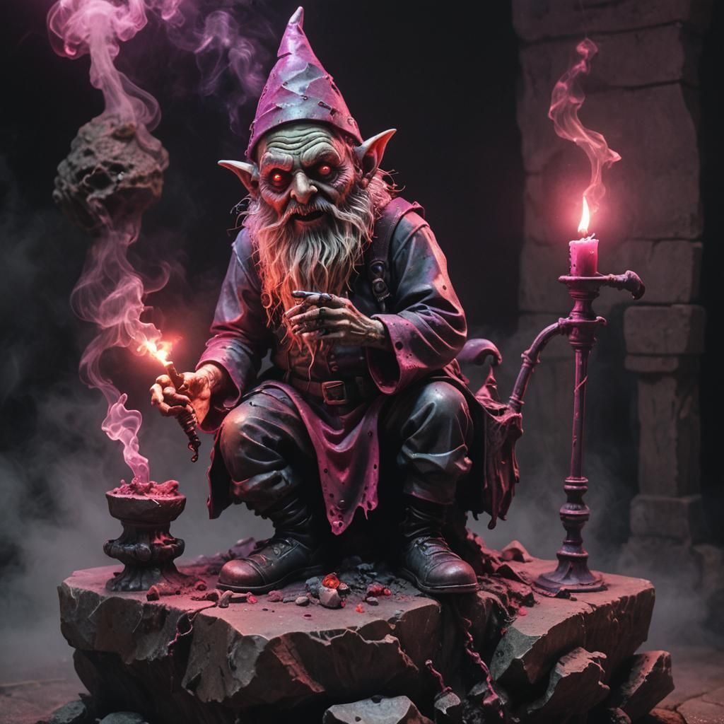Hyperrealistic horror art of a chibi styled bloody macabre Green decaying evil zombie gnome smoking an old antique pipe,...