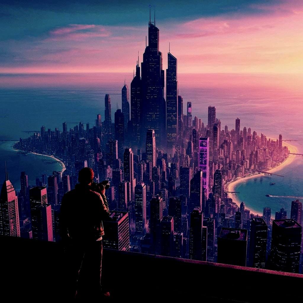 Photographer Overlooks Futuristic Ocean City with Dolphins