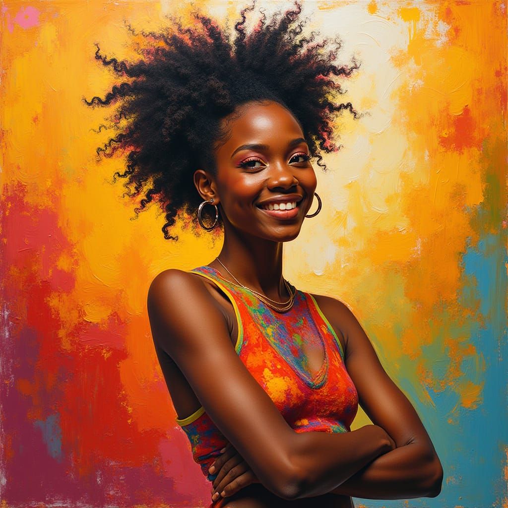 Confident Woman in Bold Abstract Expressionist Art