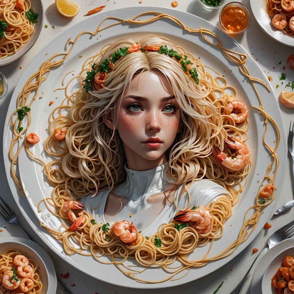 Spaghetti and Shrimp Still Life in Digital Art Style