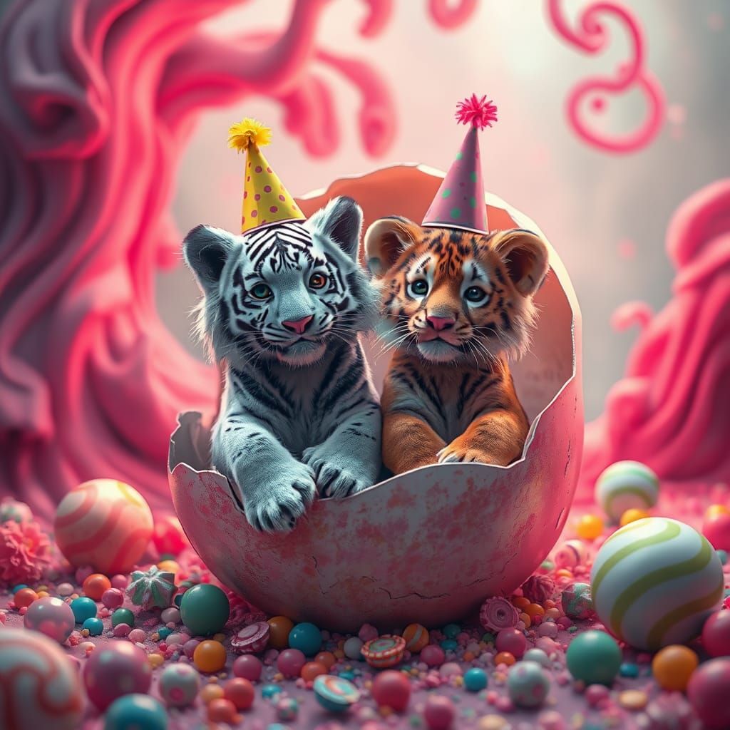 Snow Tiger and Lion Cubs Celebrate in Eggshell