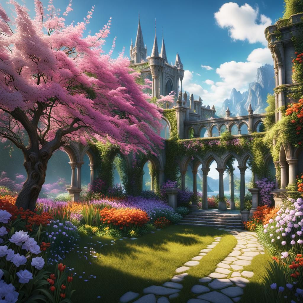 Lush Garden of Giant Summer Blooms in Fantasy Style