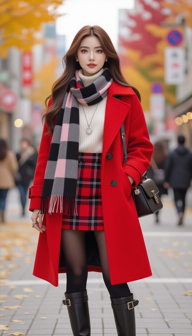 Autumn Fashion Model in Shibuya with Red Trench Coat