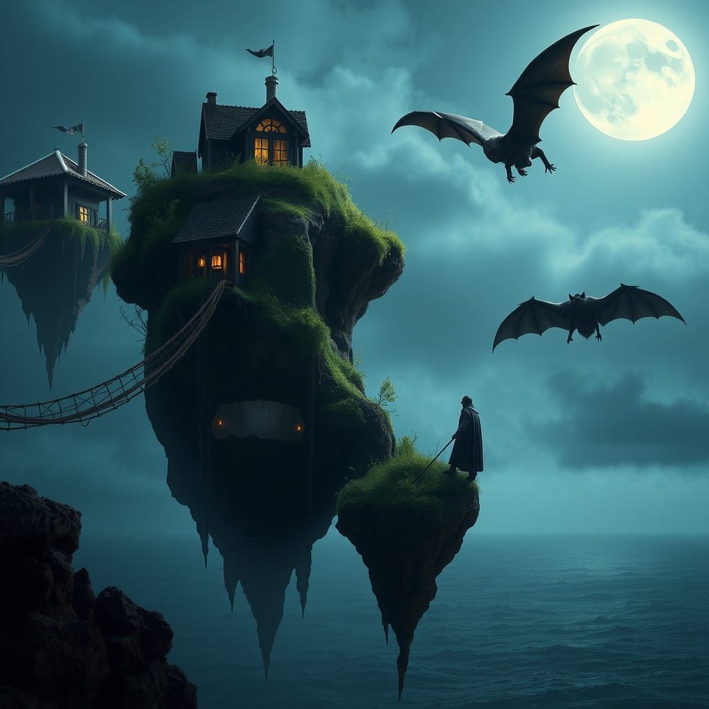 Dark Fantasy Floating Islands with Giant Bat Messenger