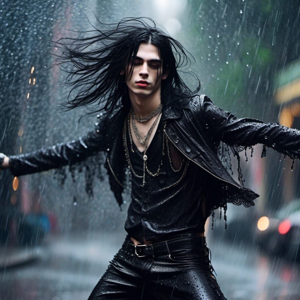 Goth Man Dancing in Rain with Silver Jewelry