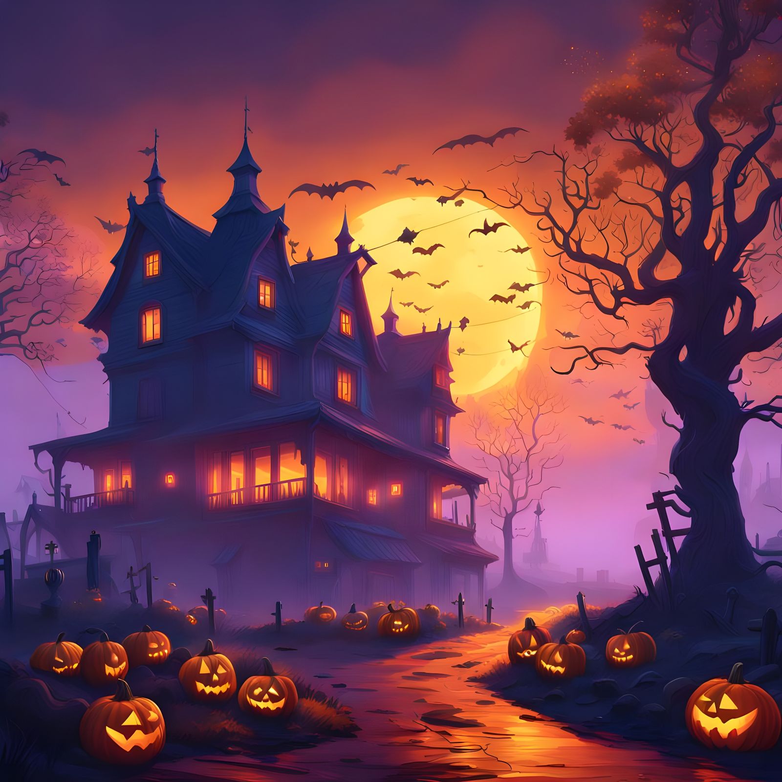 Spooky Halloween Town at Sunset: Matte Painting