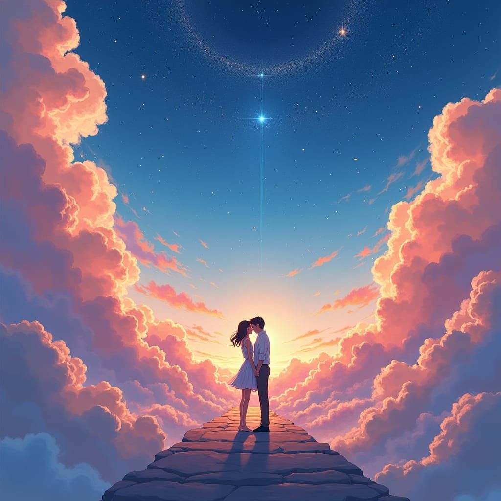 Couple Embracing in Infinite Anime Landscape