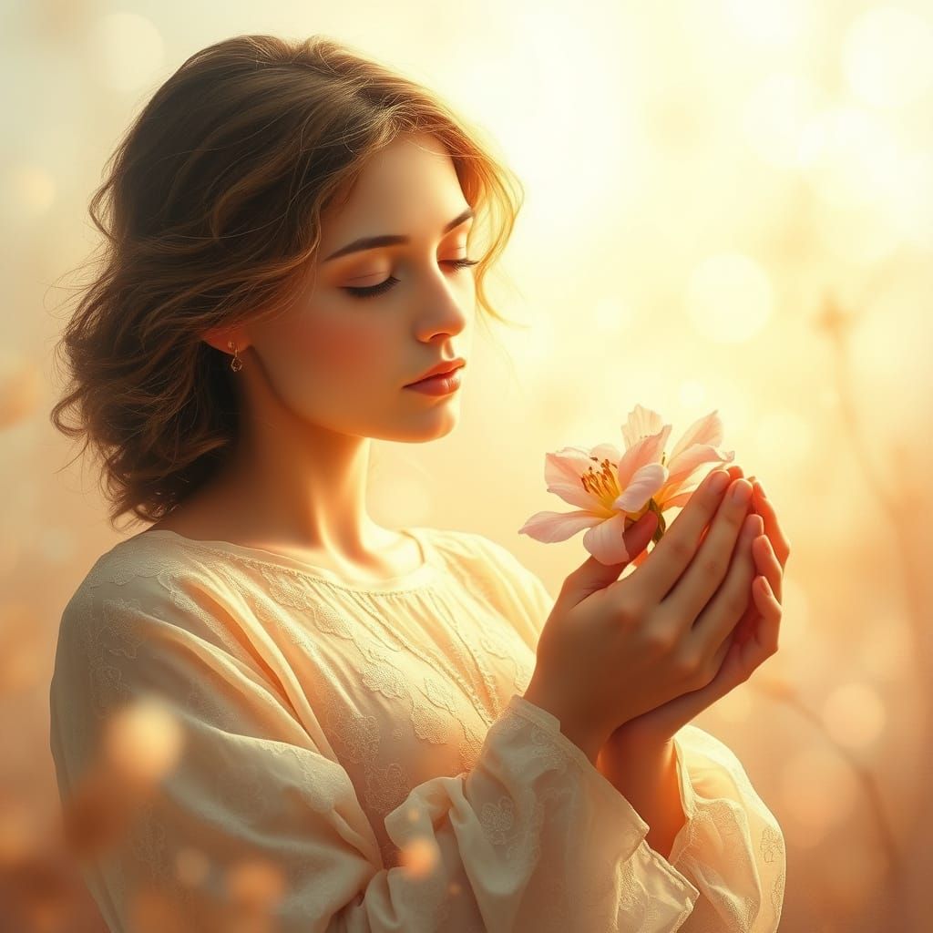 Ethereal Woman with Blooming Flower in Golden Light