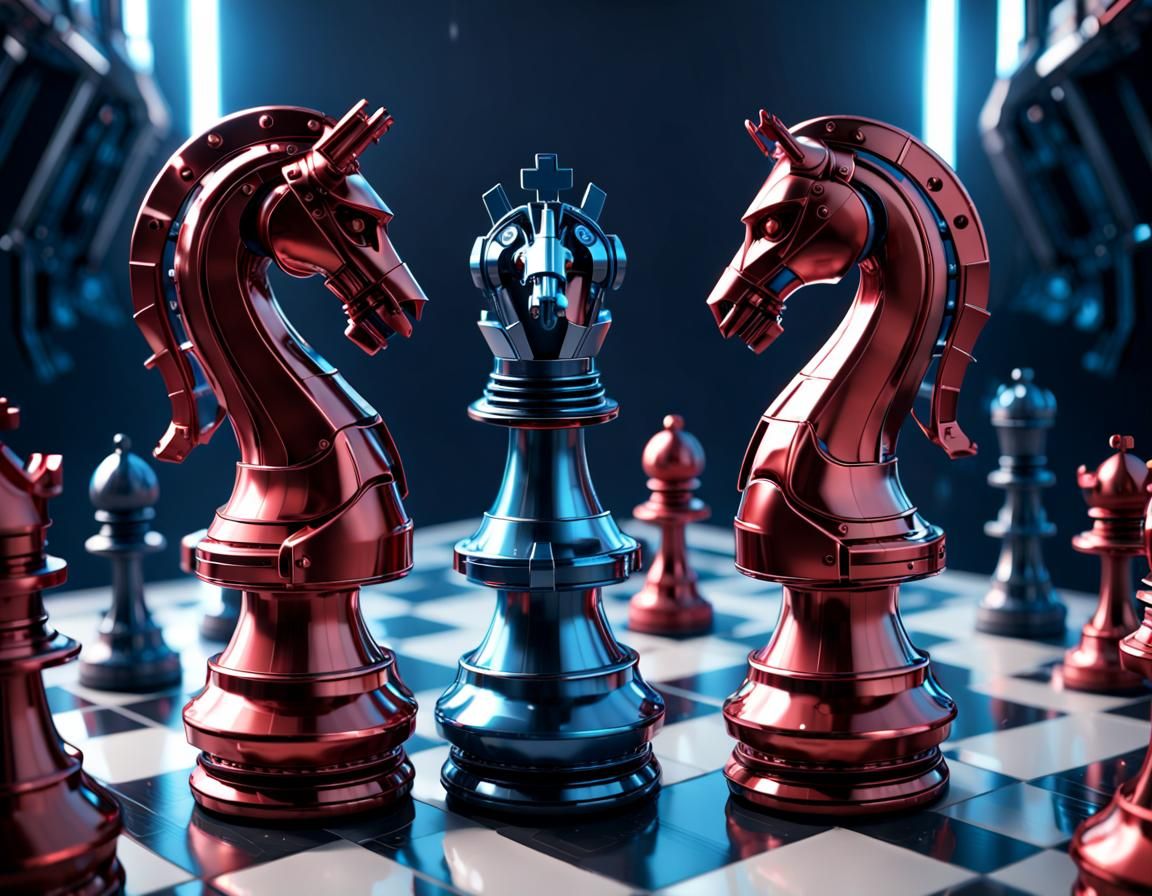 Chess in Space with Red and Blue Metal Pieces