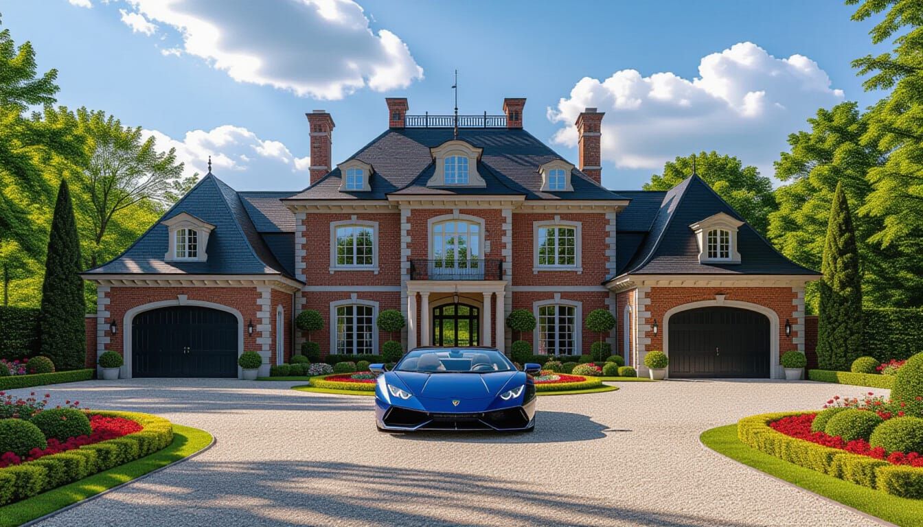 Victorian Chateau with Lamborghini in Summer Garden