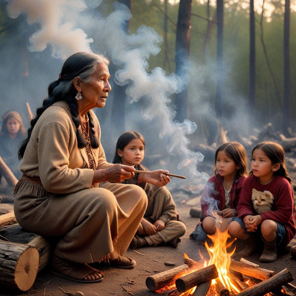 Native American Storyteller Around Campfire