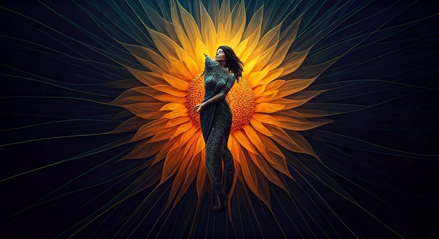 Woman Dancing in Surreal Sun and Moon Flower