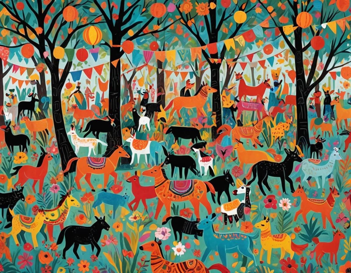 Colorful Animals Dancing in Latin American Folk Art