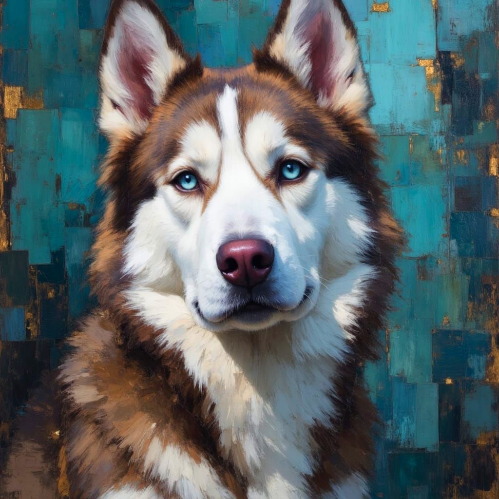 Husky Dog Portrait in Aged Oil Painting Style