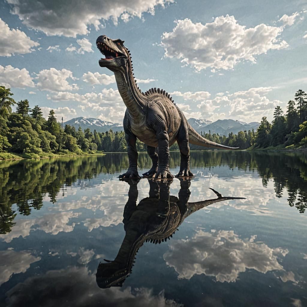 Dinosaur Reflection in Hyper-Realistic Digital Art