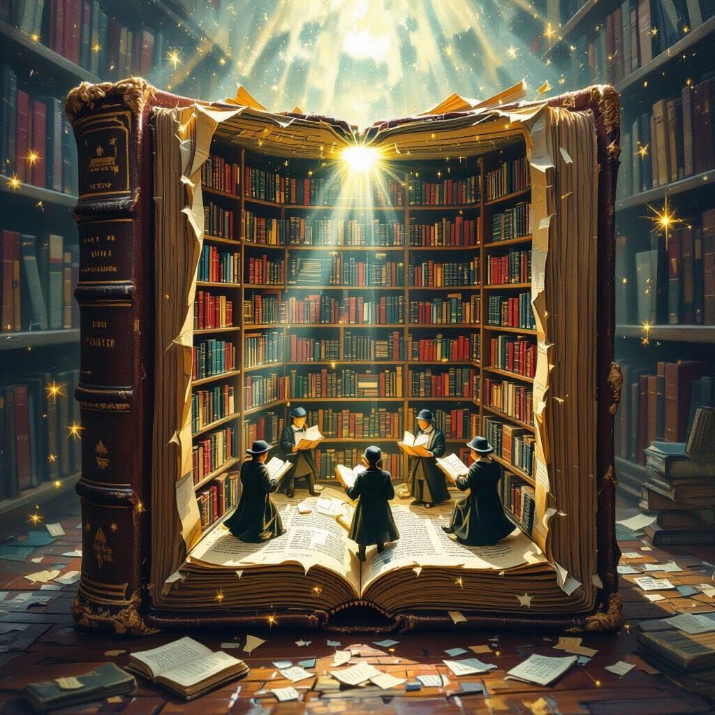 Miniature Library Inside Giant Book, Surrealist Style