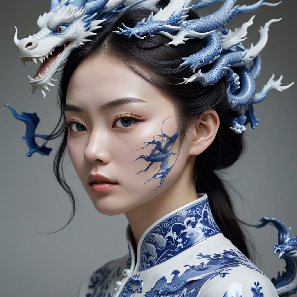 Shattering Porcelain Dragon Face: Surreal Fusion Art