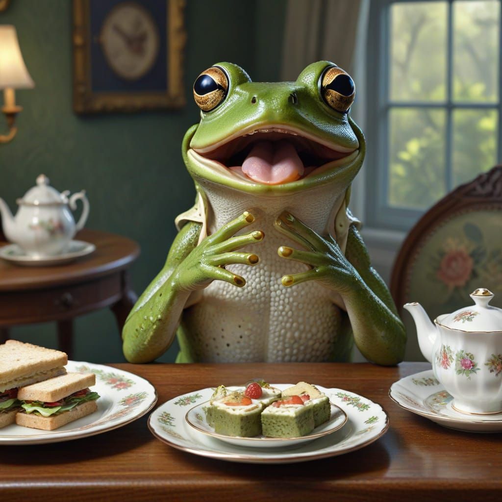 Surprised Frog at Tea Party in Vintage Style