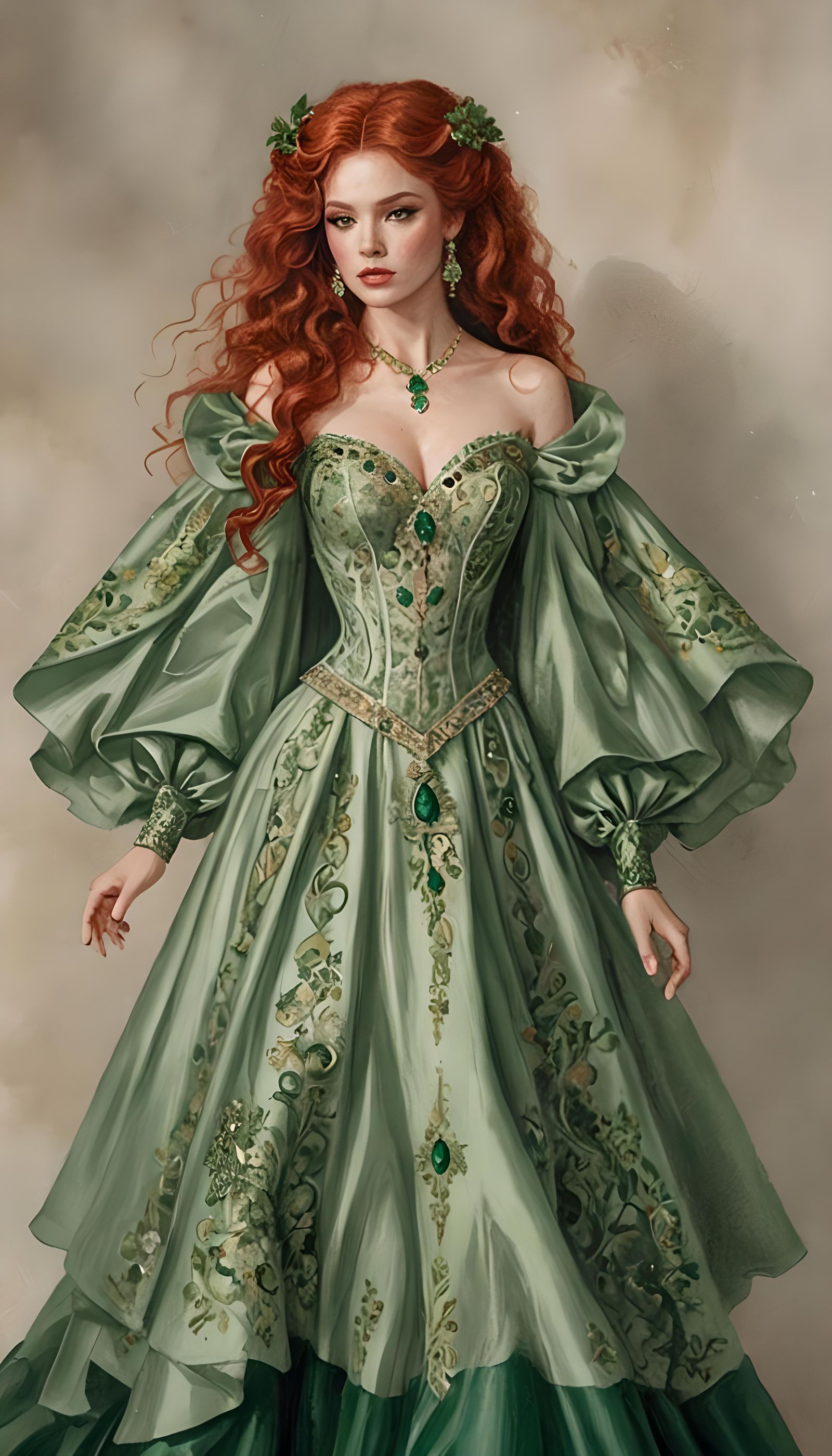 Elegant Woman with Red Hair in Flowing Gown