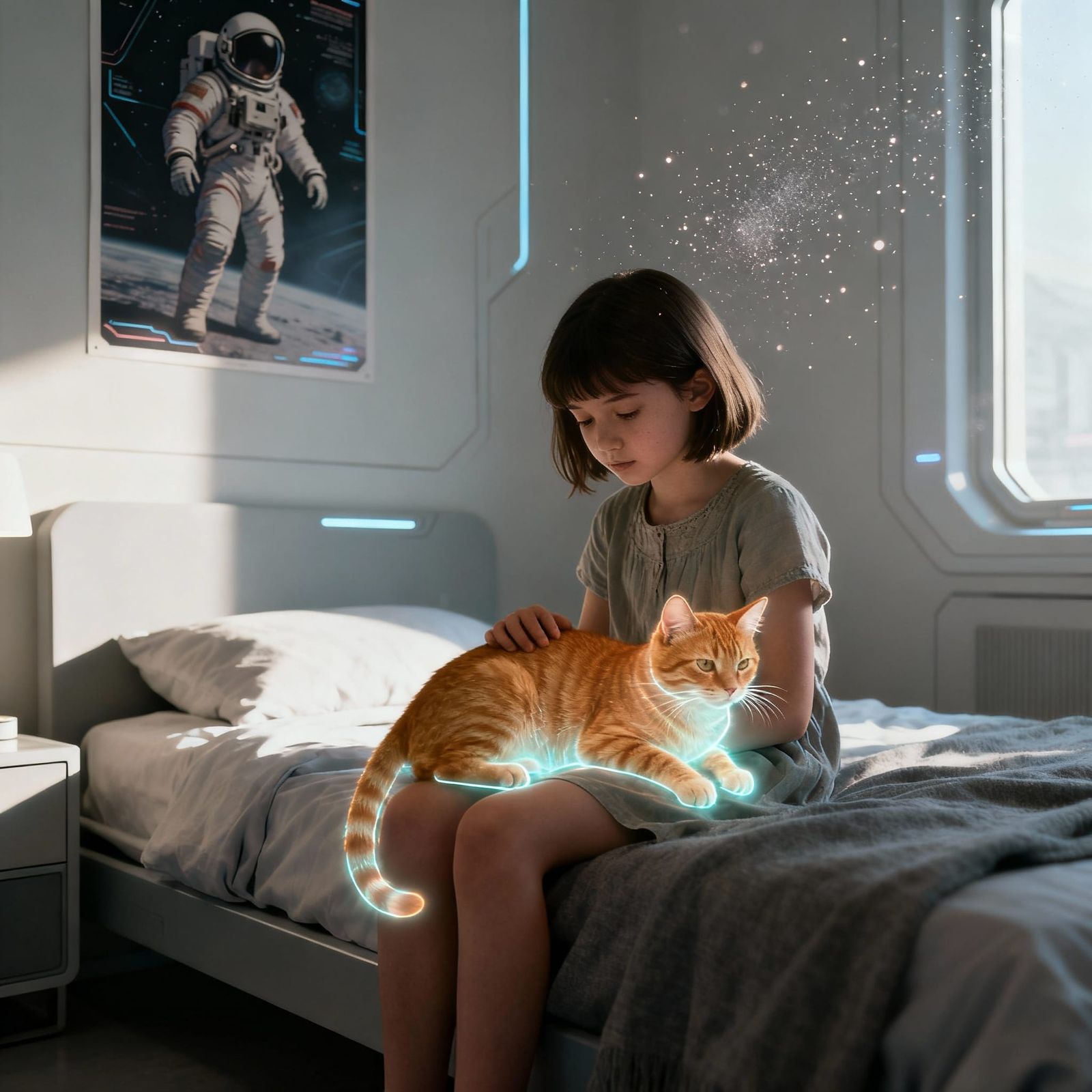 Girl and Holographic Cat in Futuristic Bedroom