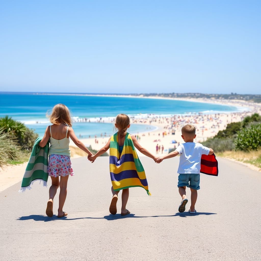 Three Happy Children Stroll Towards a Sunny Beach