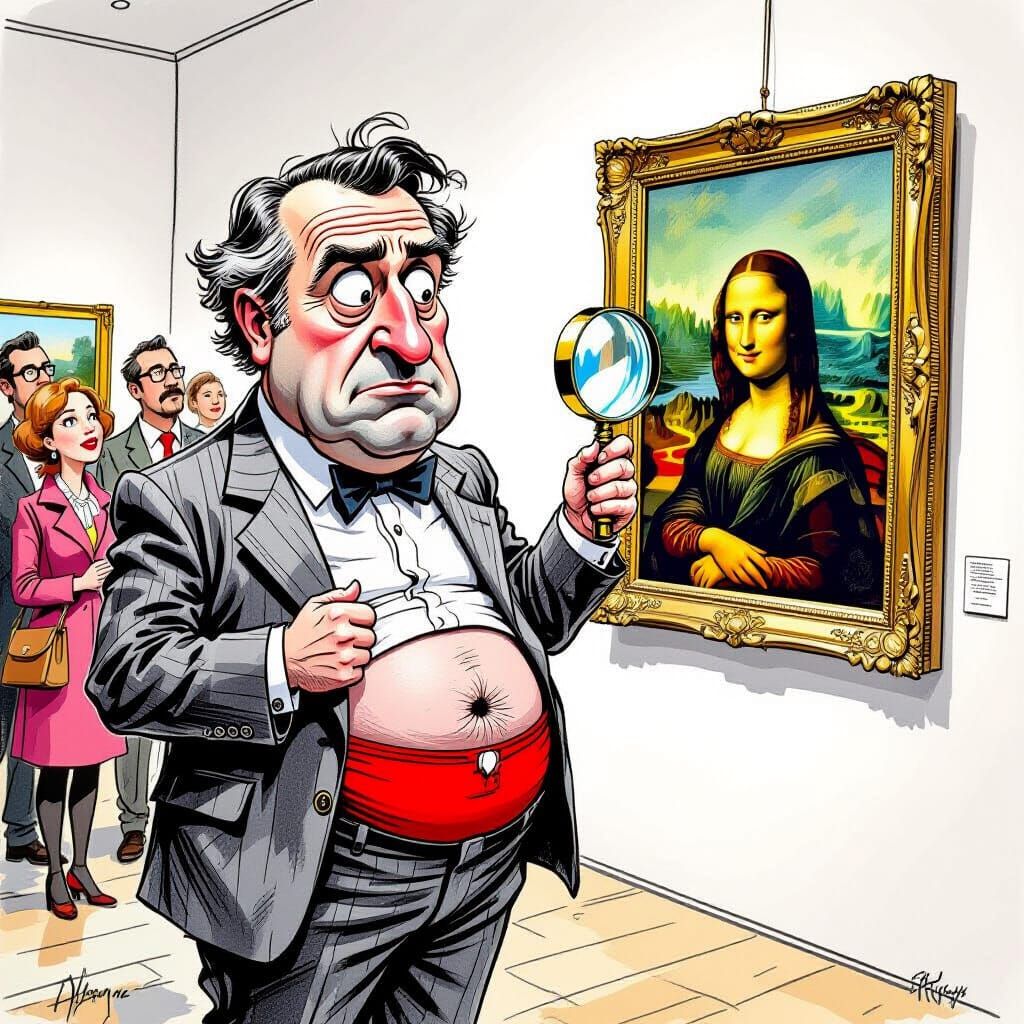 Charcoal Caricature: Confused Critic Studies Masterpiece