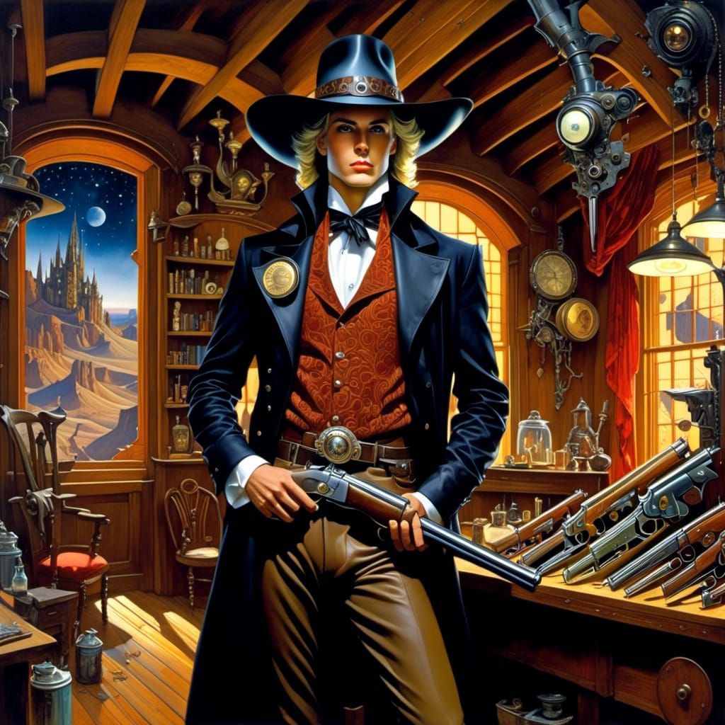 Wizard in Old West Saloon with Futuristic Background