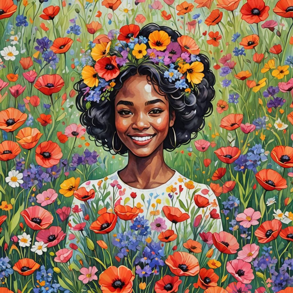 Watercolor Meadow: Girl with Flowers, Pop Art Style