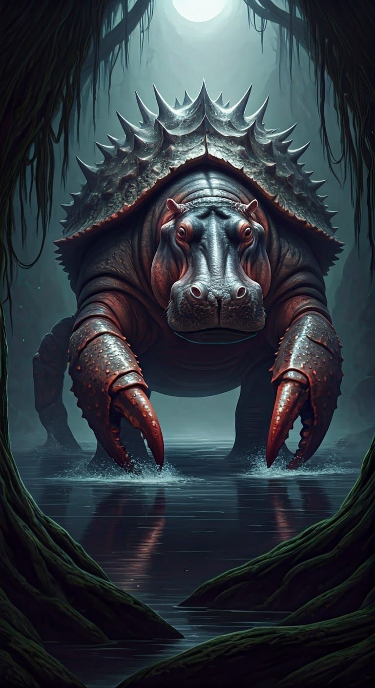Nightmarish Hippo-Crab Hybrid Emerges from Misty Swamp