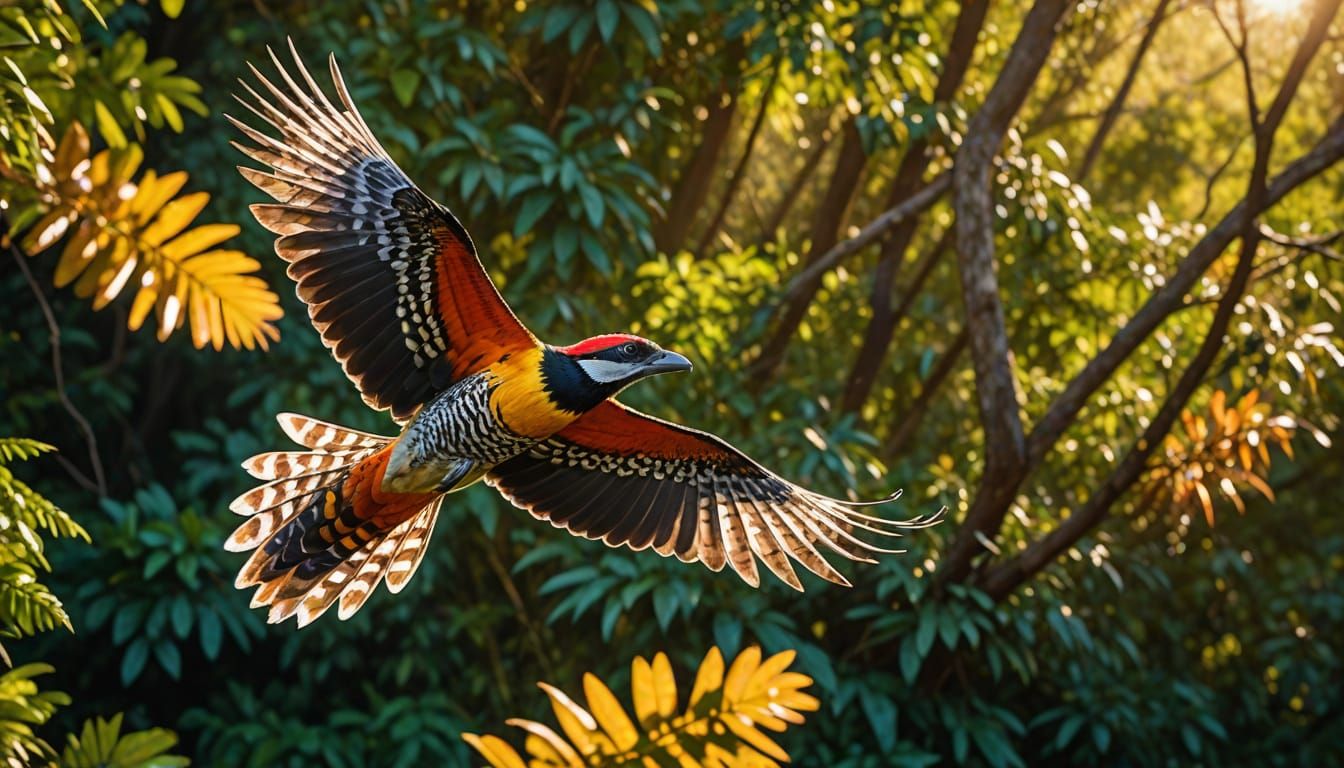 Common Flameback in Flight: Aerial Nature Photography