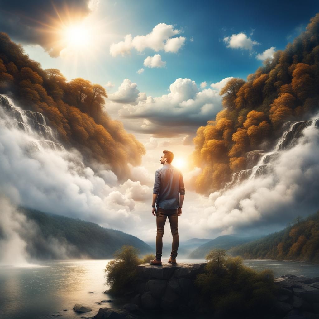 Smiling Man with River in Dramatic Digital Painting