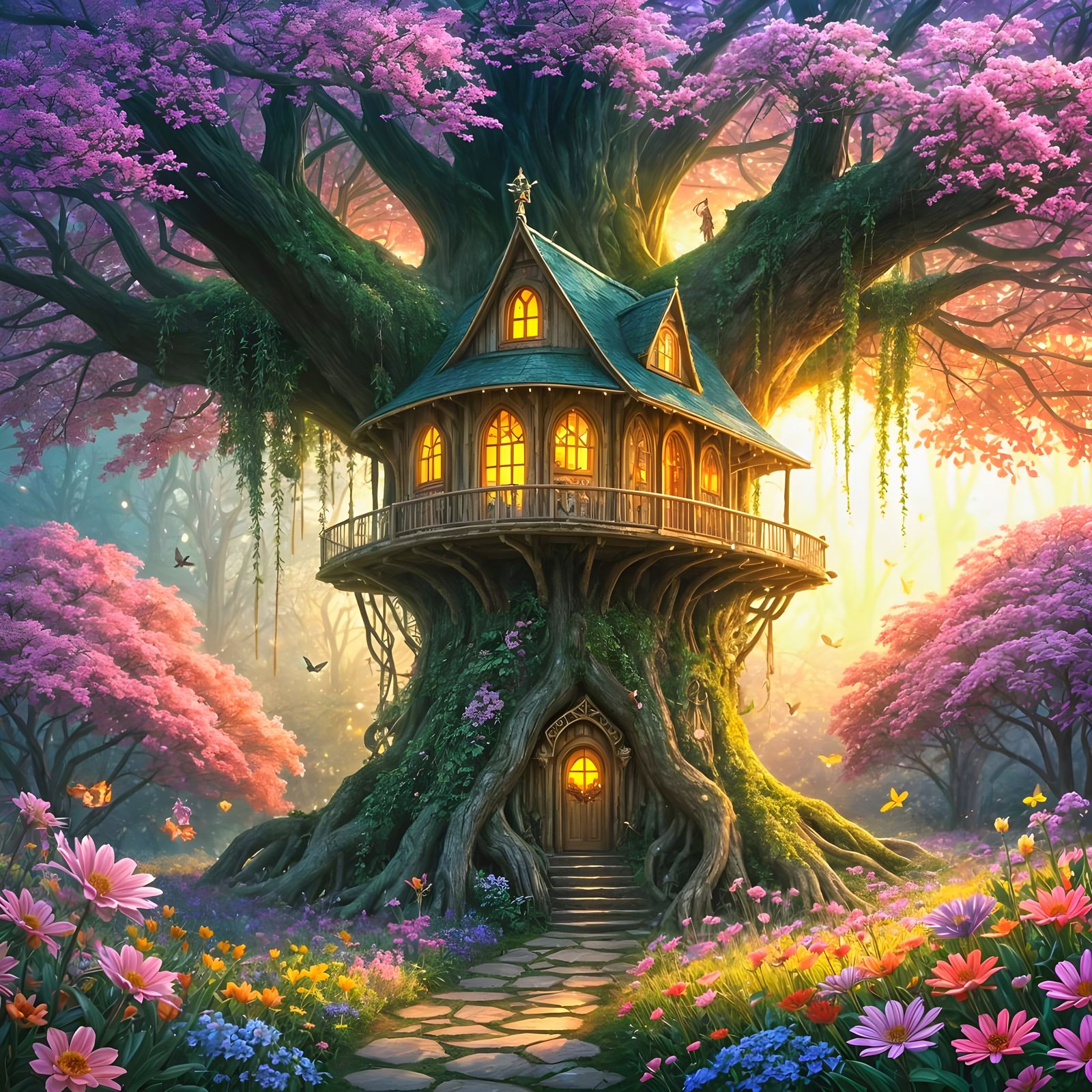 Fantasy Treehouse in Vibrant Enchanted Garden