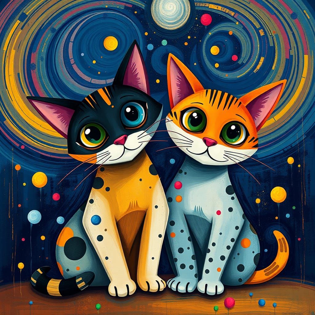 Cubist Cats Playing in Starry Night Sky