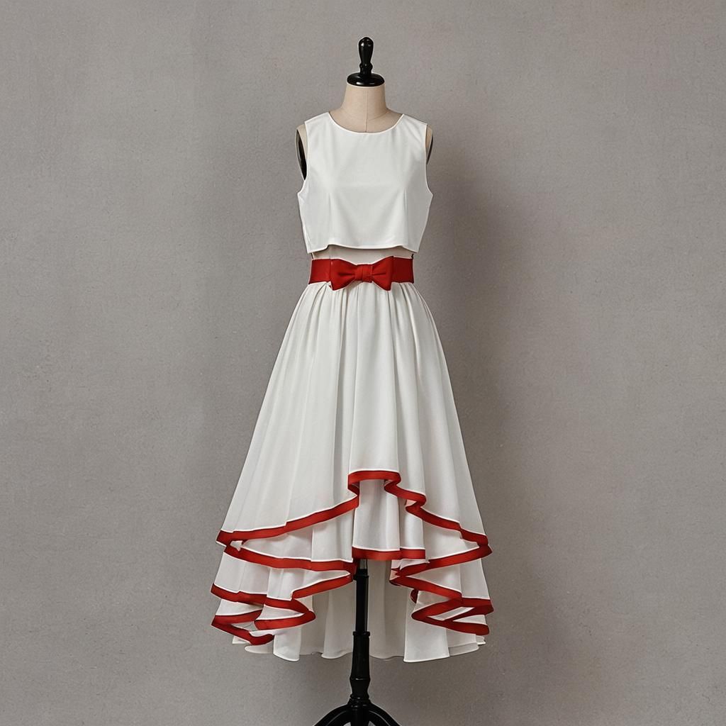 Elegant Two-Layer Red and White Dress with Bow