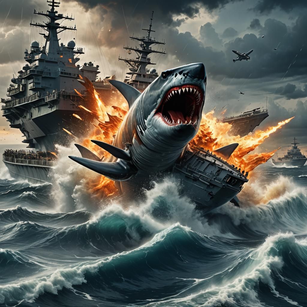 Megalodon Attacks Aircraft Carrier: Fantasy Art