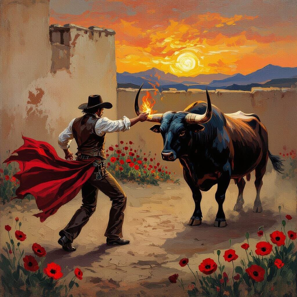 Fiery Bullfight in Van Gogh Style