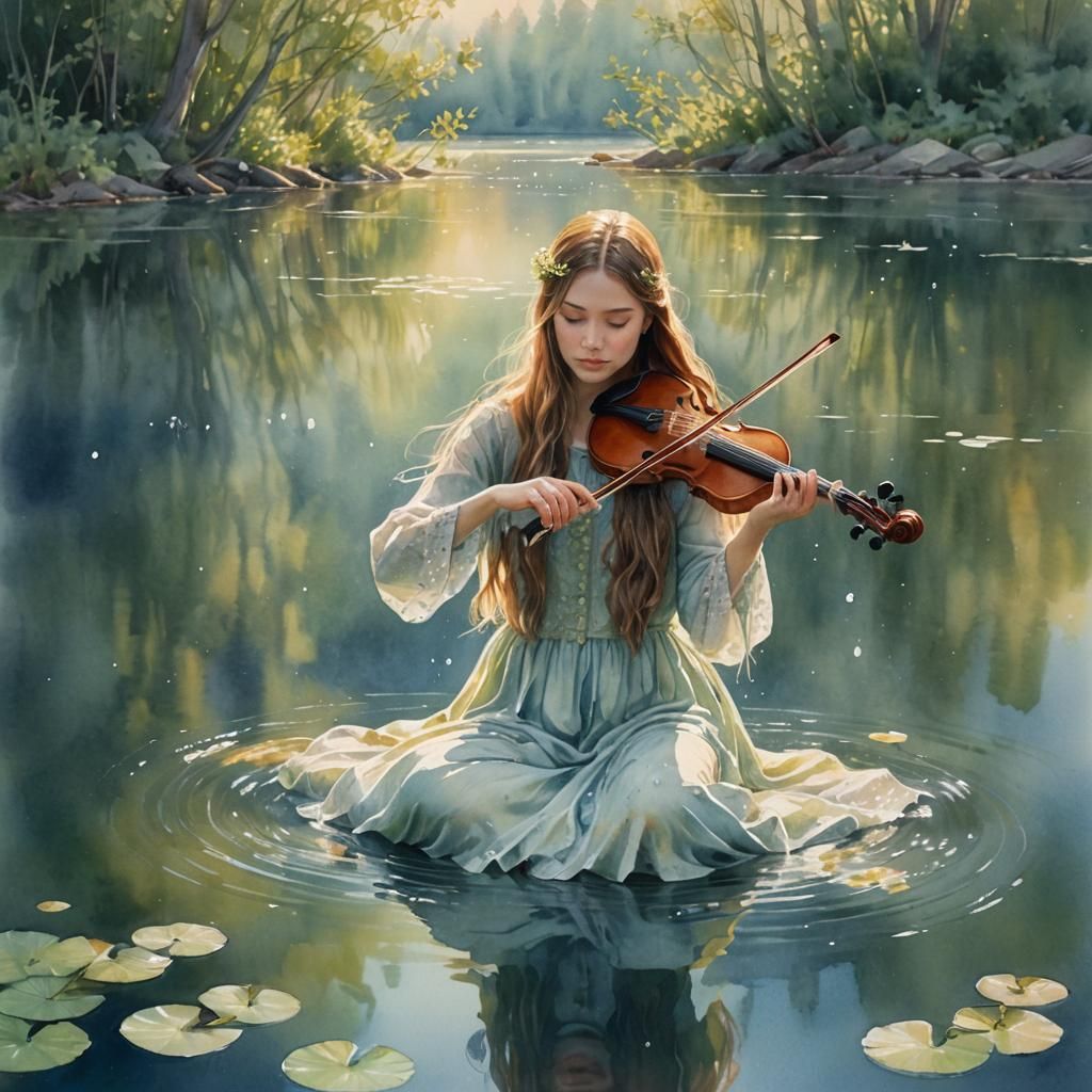 Girl Plays Violin in Lake: Watercolor Painting