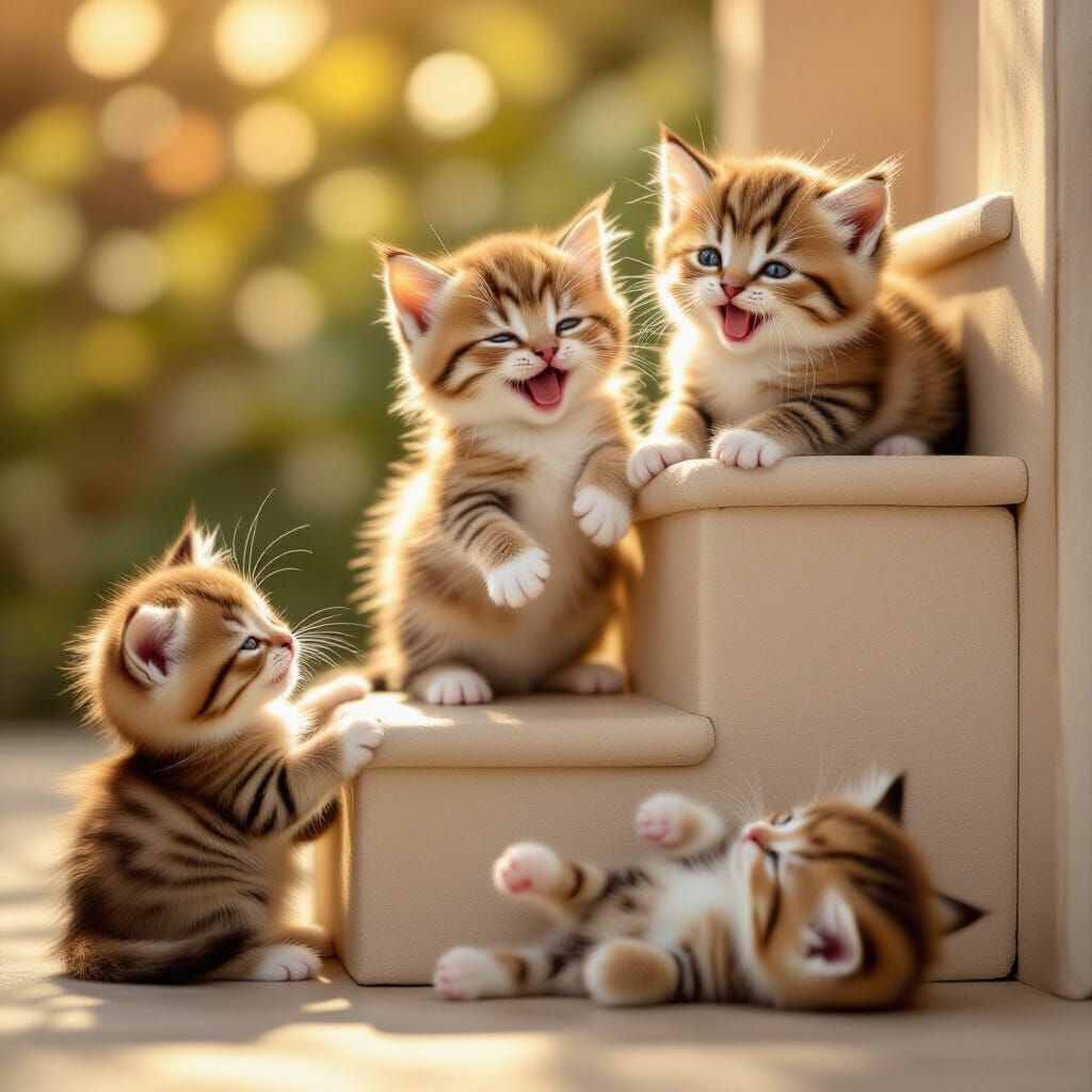 Tiny Munchkin Kittens Climb Oversized Step