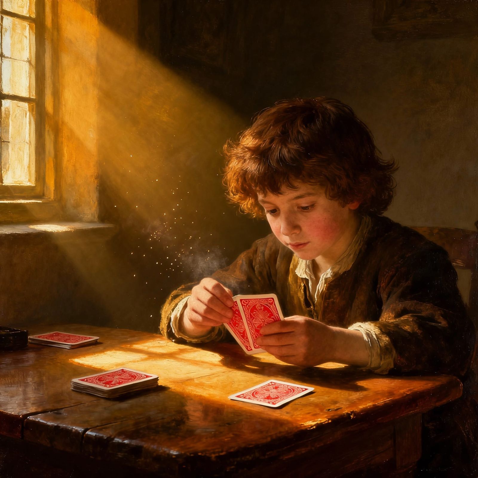 Boy Plays Cards in Sunlight, Dutch Golden Age Style