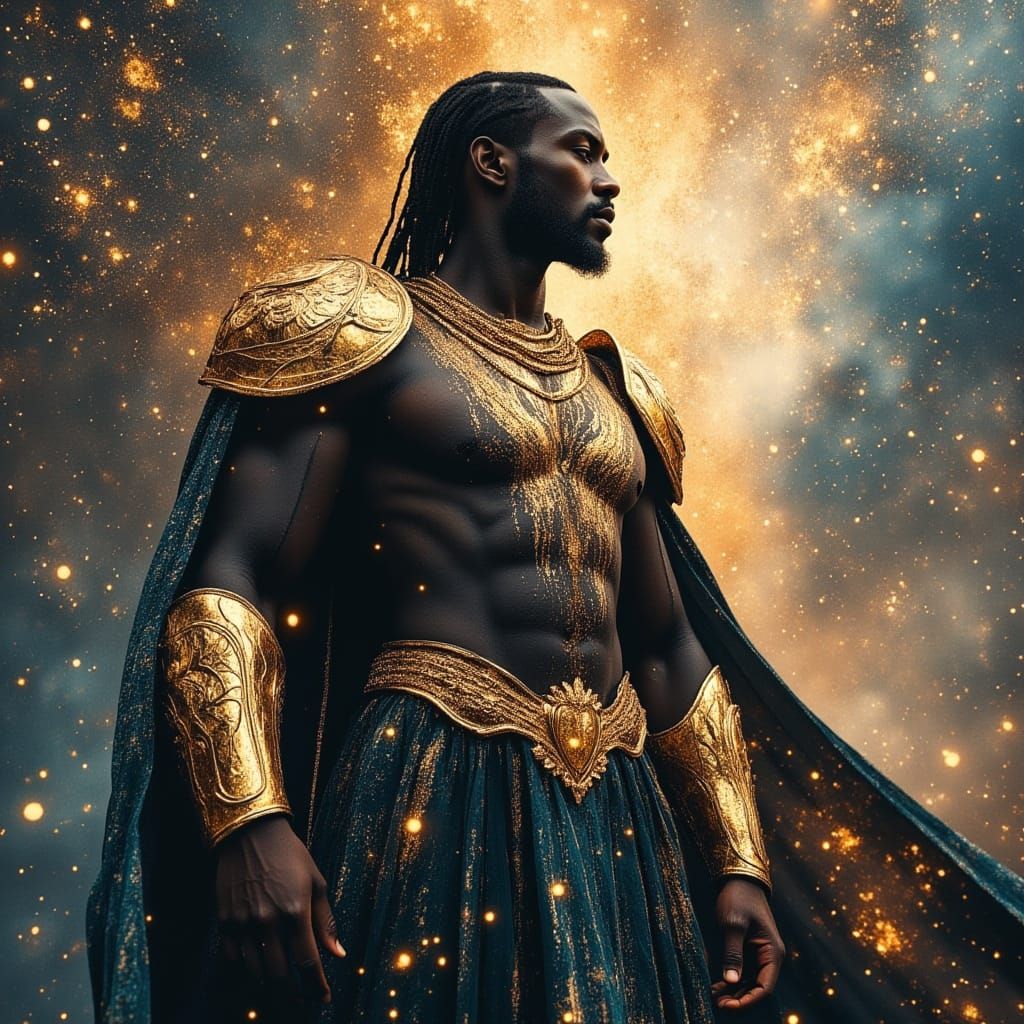 Regal African King in Cosmic Armor on Obsidian Platform