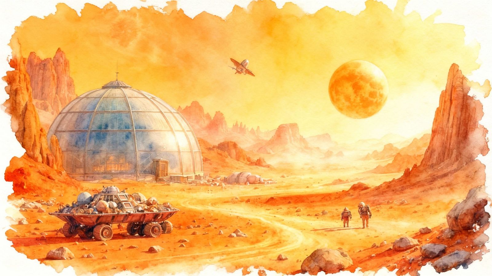 Panoramic Martian Colony Under Glass Dome