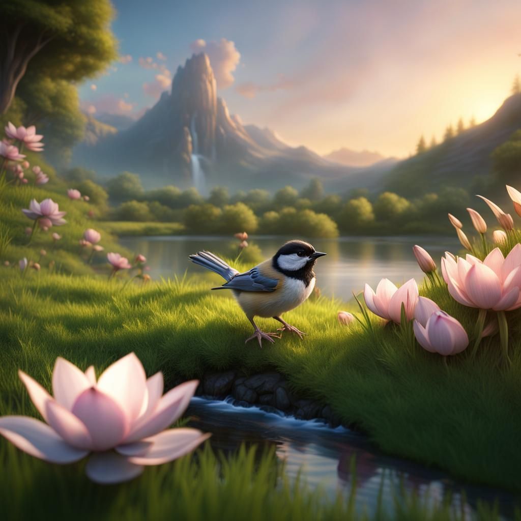 Chickadee in Lush Meadow: Fantasy Concept Art