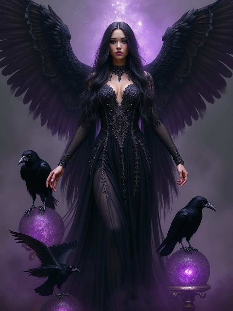 Mystical Goddess with Raven Wings in Dark, Ethereal Beauty