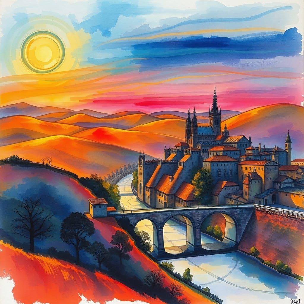 Golden Toledo Landscape with Gothic Spires and Ancient Bridg...