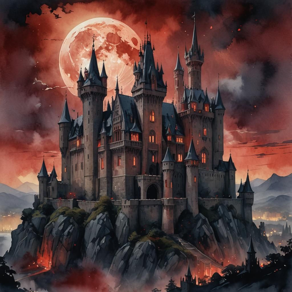 Gothic Castle Under Blood Moon: Fantasy Art